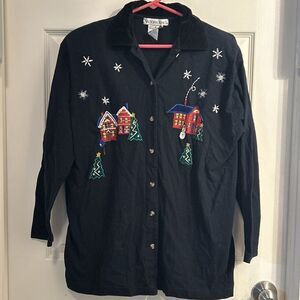 Vintage Victoria Jones Woman Navy Blue Christmas Embroidered Button Down Shirt M